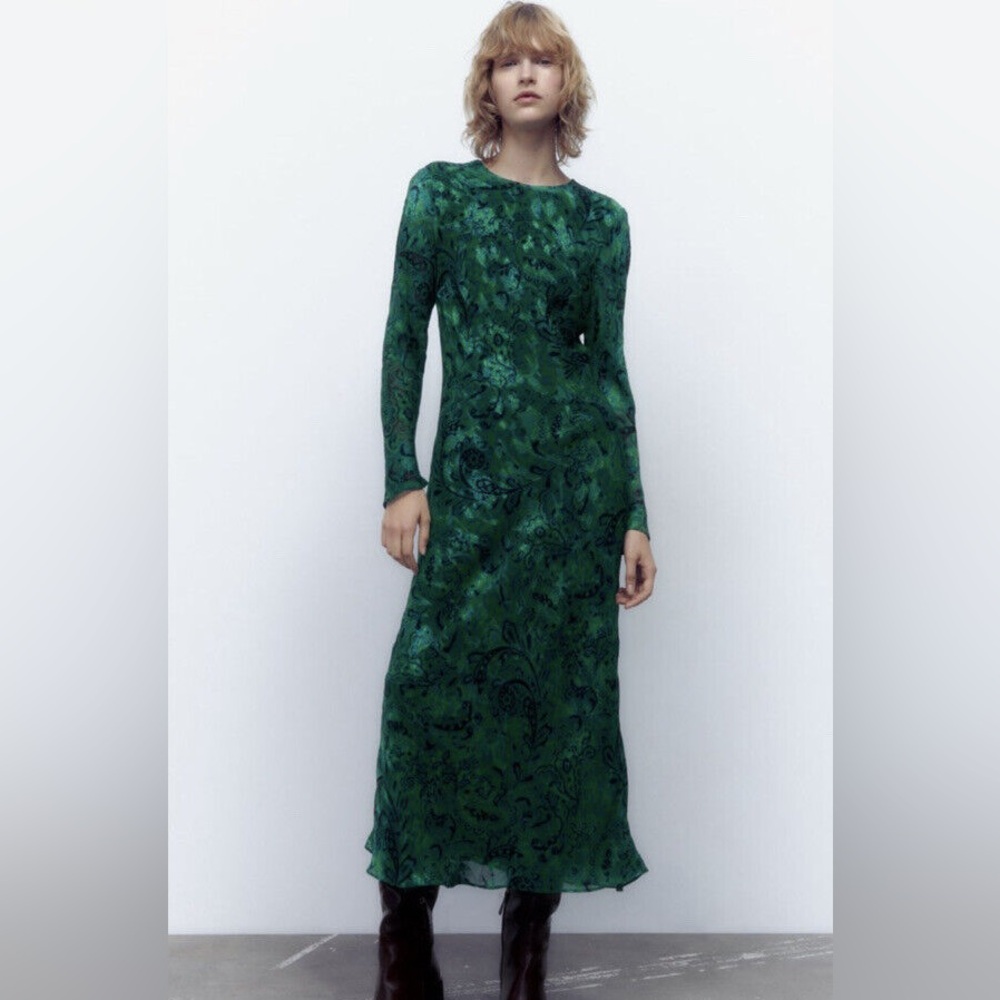ZARA LONG PRINTED FITTED DRESS GREEN JEWEL TONE SIZE XL *NEW WITH TAGS*